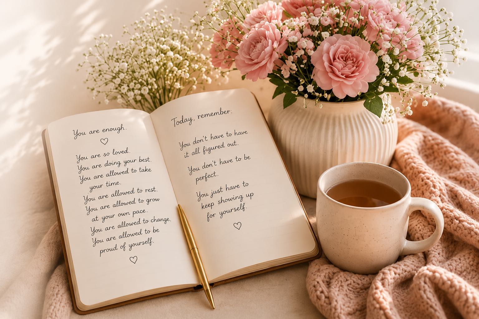 Open journal with tea and flowers